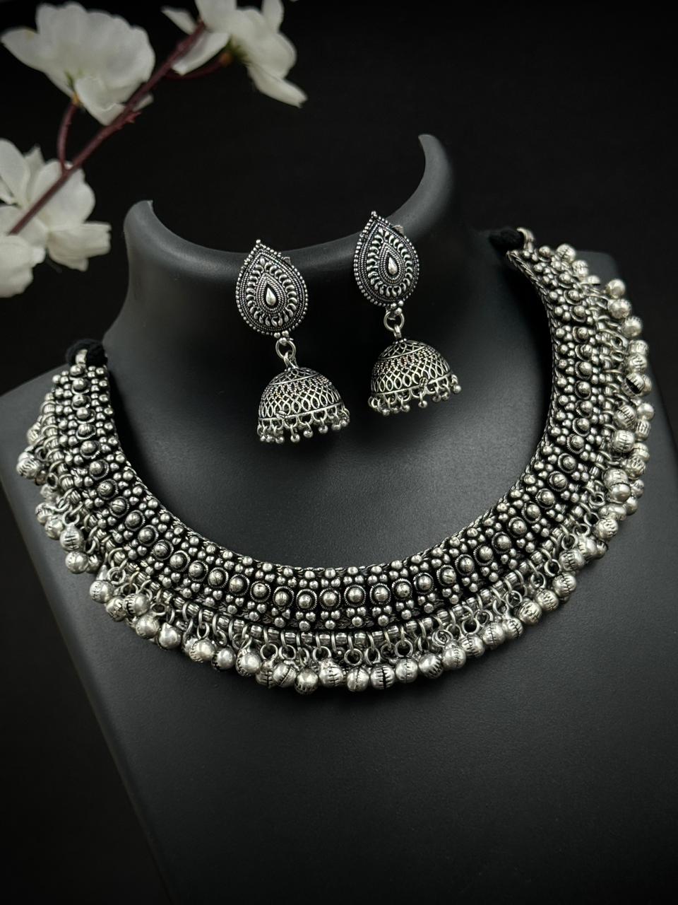 Silver Ghungroo choker Set with Jhumka - Bloom - By Sushmita