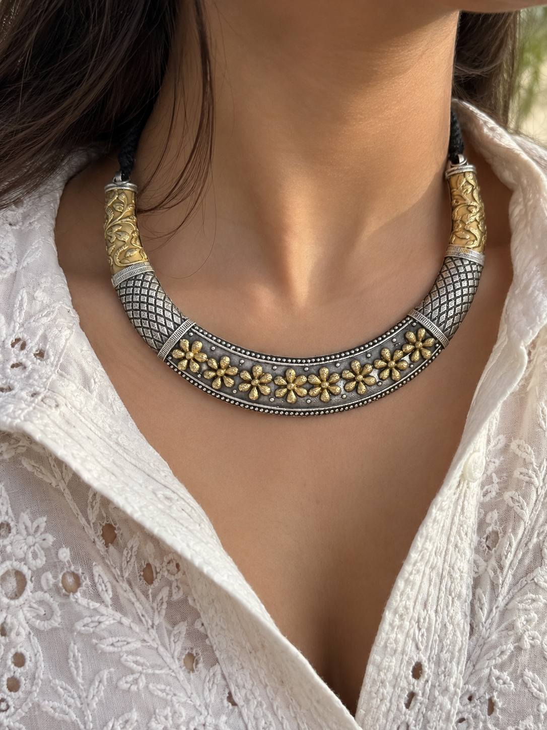 Dual tone german silver & Golden Necklace Choker Hasli styled | Traditional Jewellery | Bloom By Sushmita