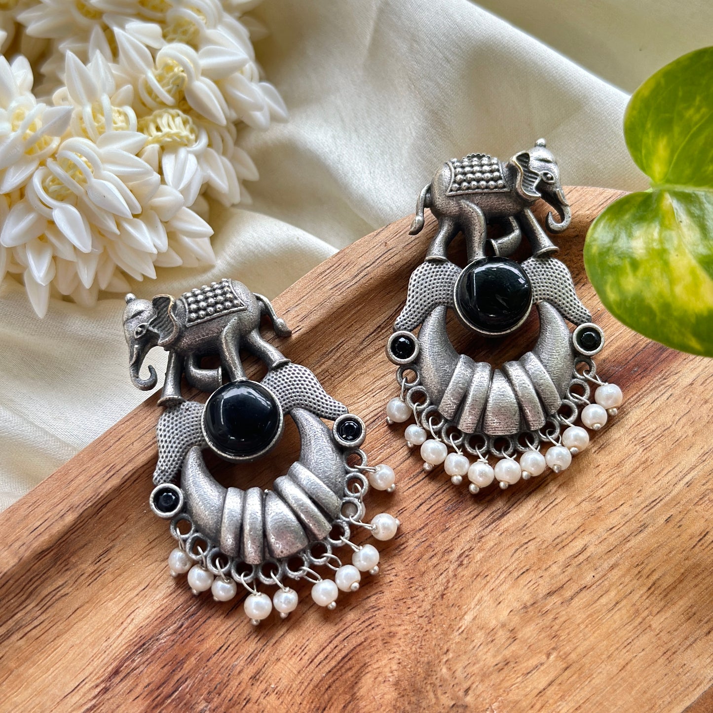 Monalisa Stone Elephant Earrings With White Pearl - Bloom - By Sushmita