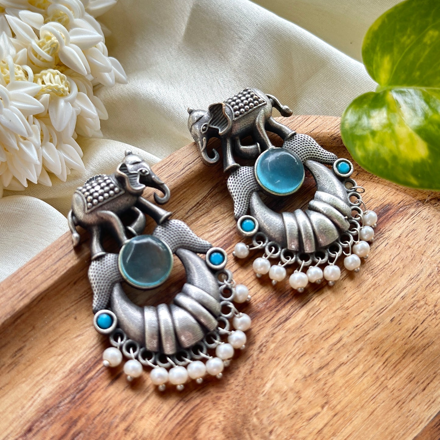 Monalisa Stone Elephant Earrings With White Pearl - Bloom - By Sushmita