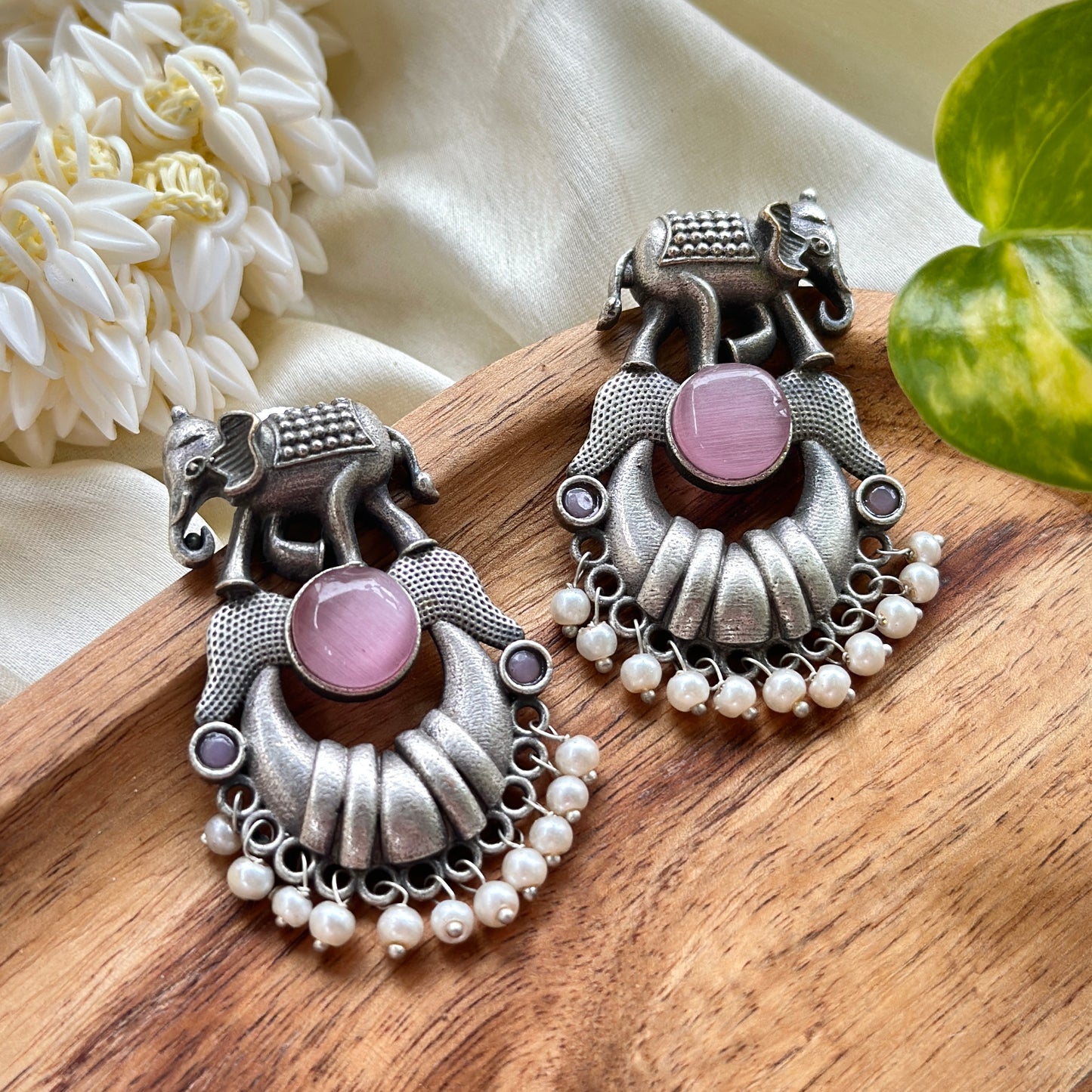 Monalisa Stone Elephant Earrings With White Pearl - Bloom - By Sushmita