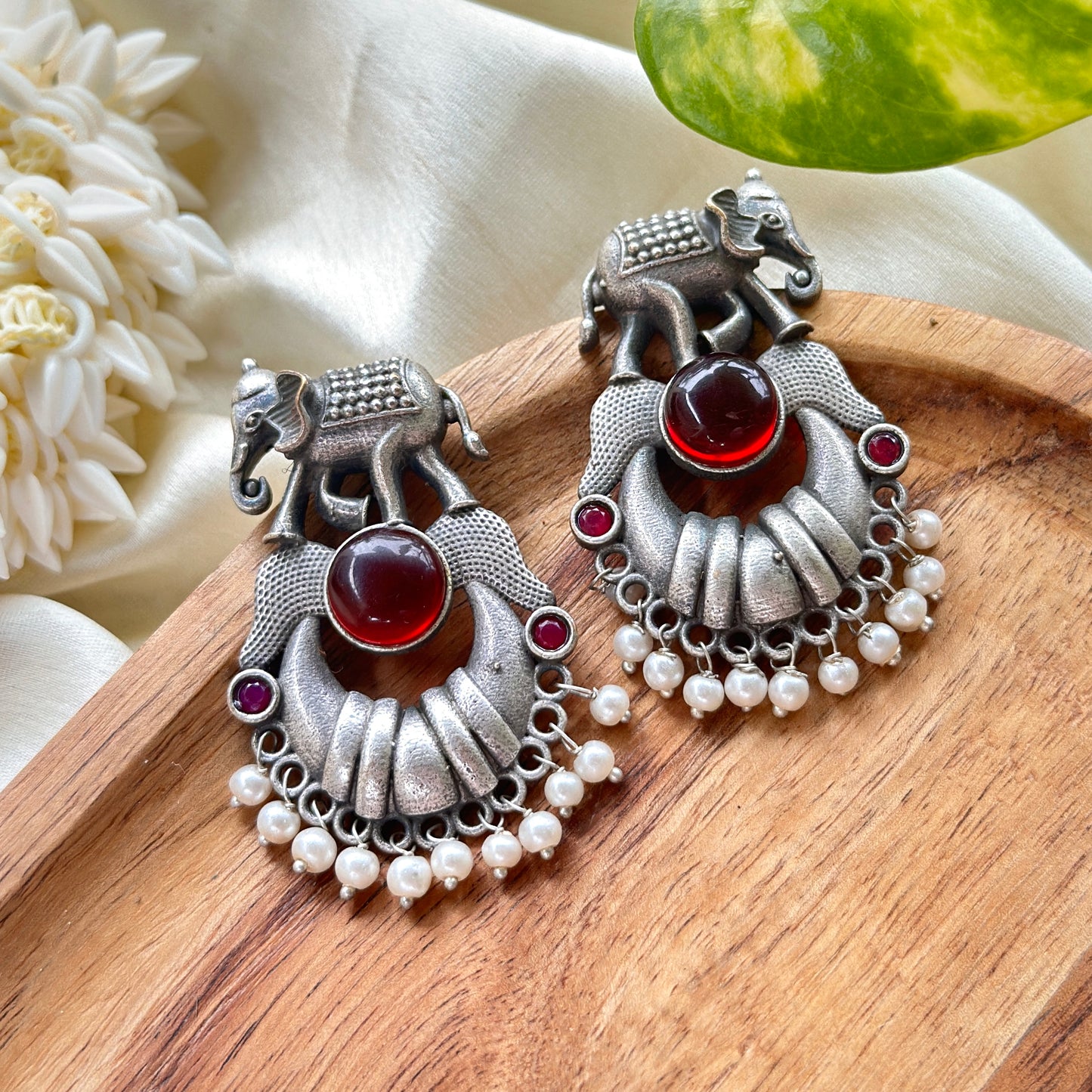 Monalisa Stone Elephant Earrings With White Pearl - Bloom - By Sushmita