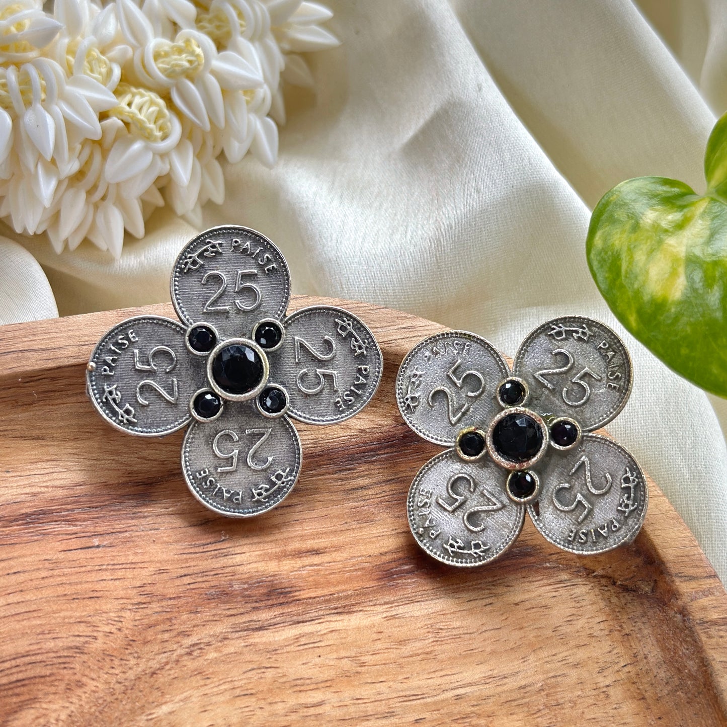 25 Paise Silver Studs With Colourful Stones - Bloom - By Sushmita