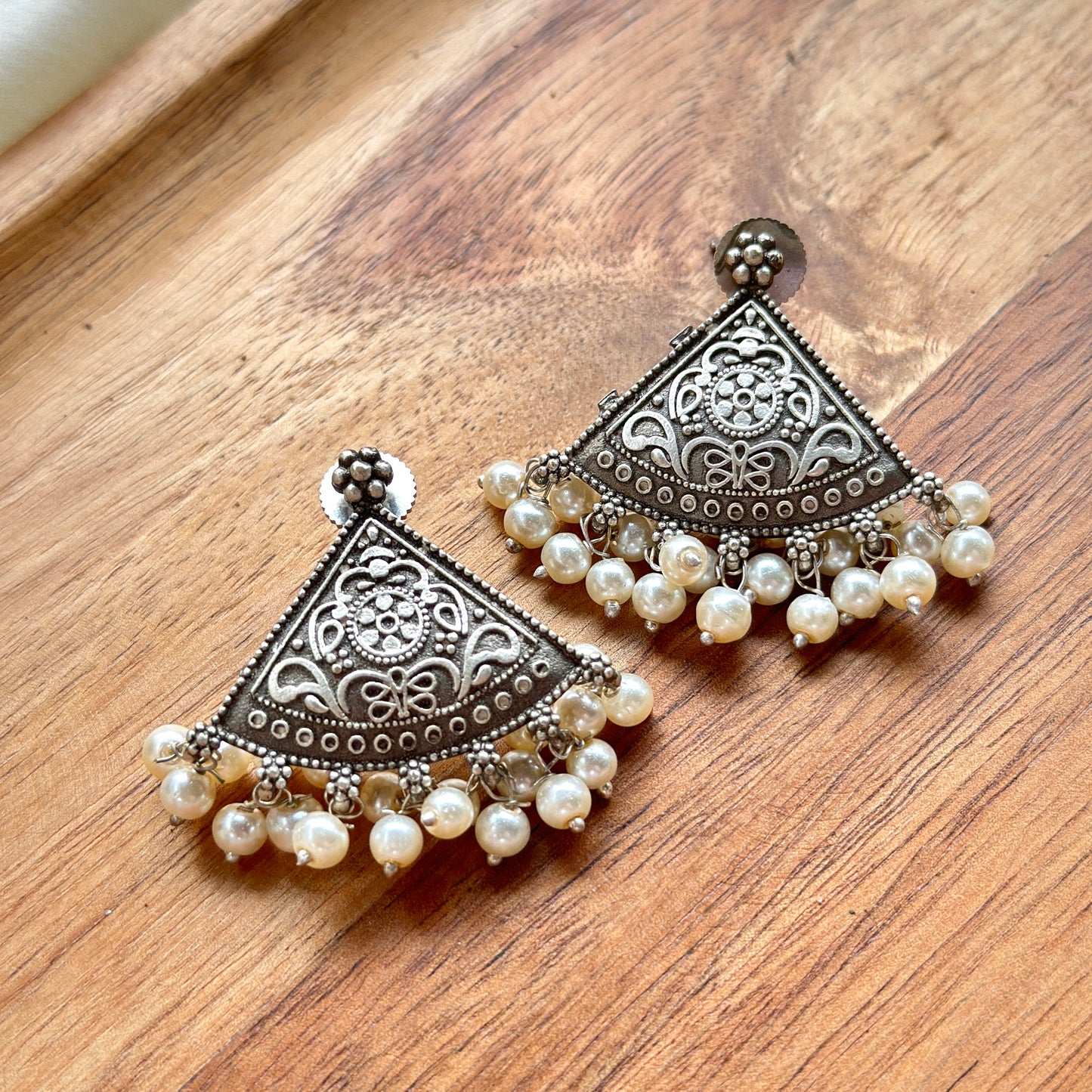 Triangular Silver Earrings With White Pearl - Bloom - By Sushmita