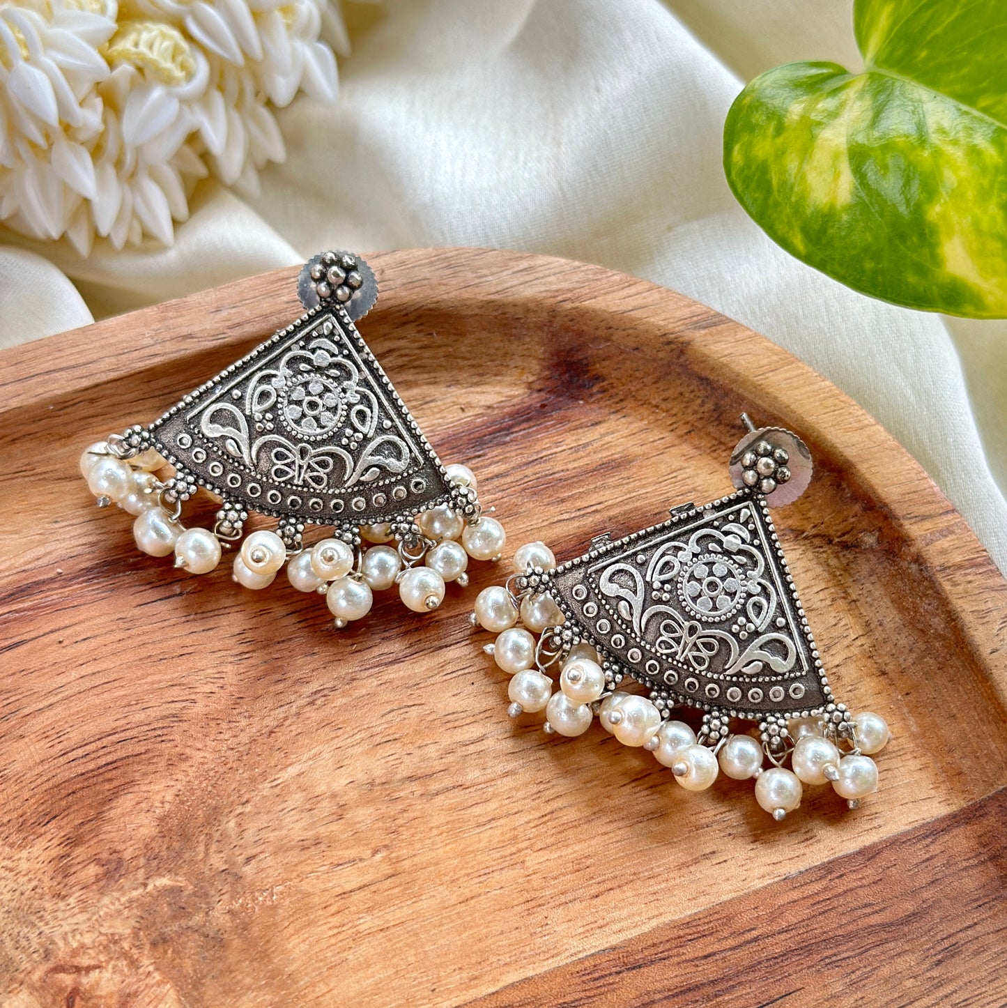 Triangular Silver Earrings With White Pearl - Bloom - By Sushmita