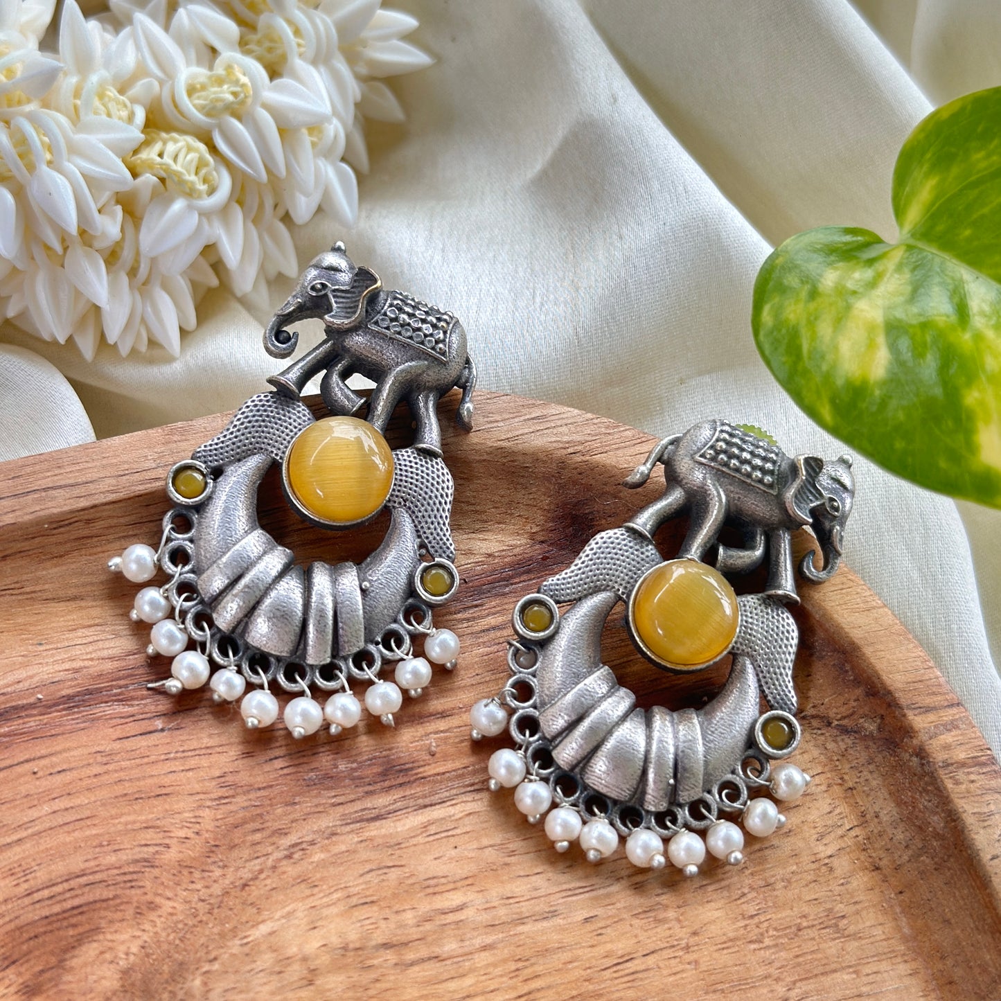Monalisa Stone Elephant Earrings With White Pearl - Bloom - By Sushmita