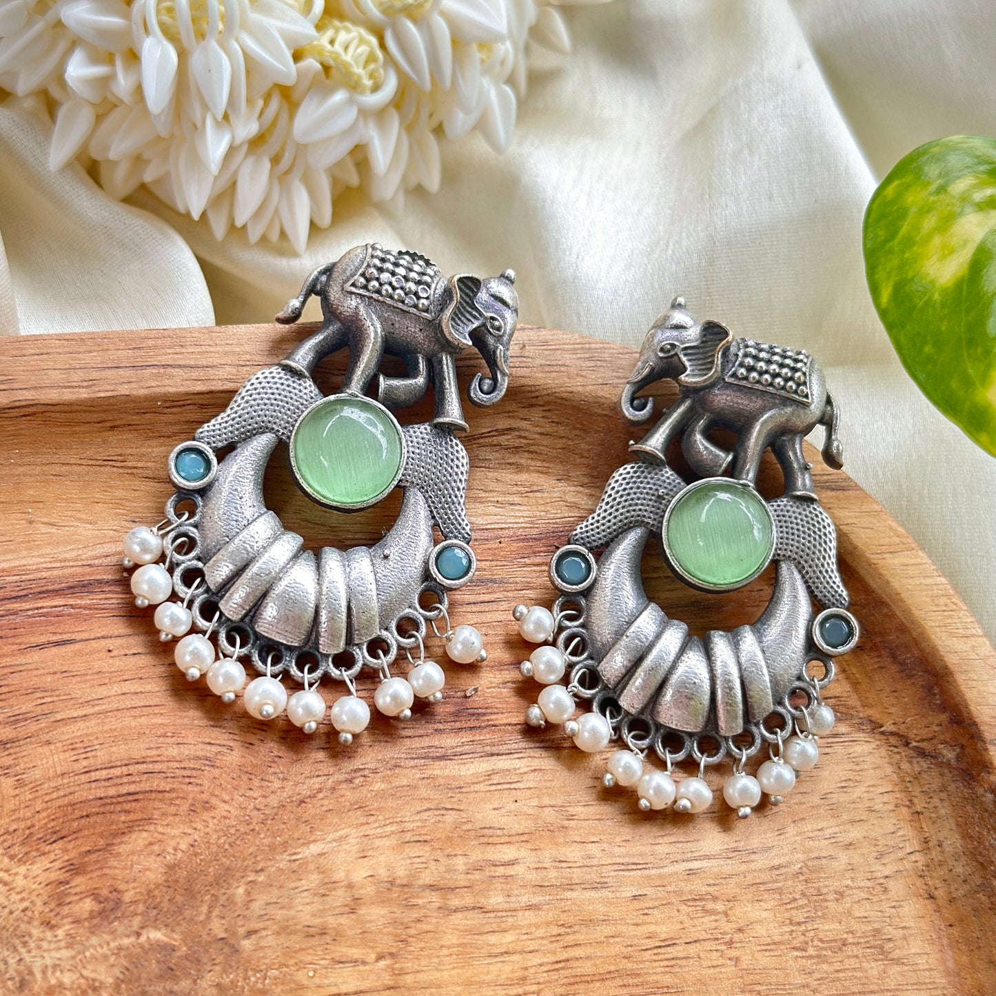 Monalisa Stone Elephant Earrings With White Pearl - Bloom - By Sushmita