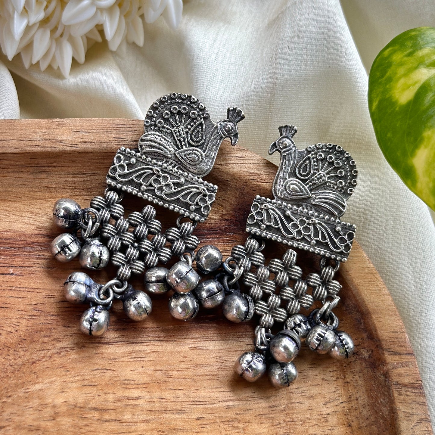 Tattva Silver Peacock Earrings With Ghungru - Bloom - By Sushmita