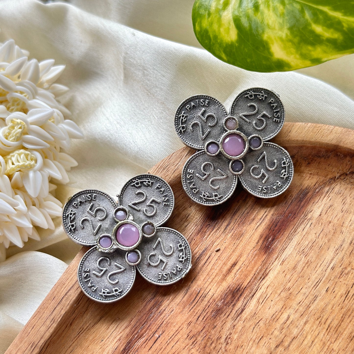 25 Paise Silver Studs With Colourful Stones - Bloom - By Sushmita