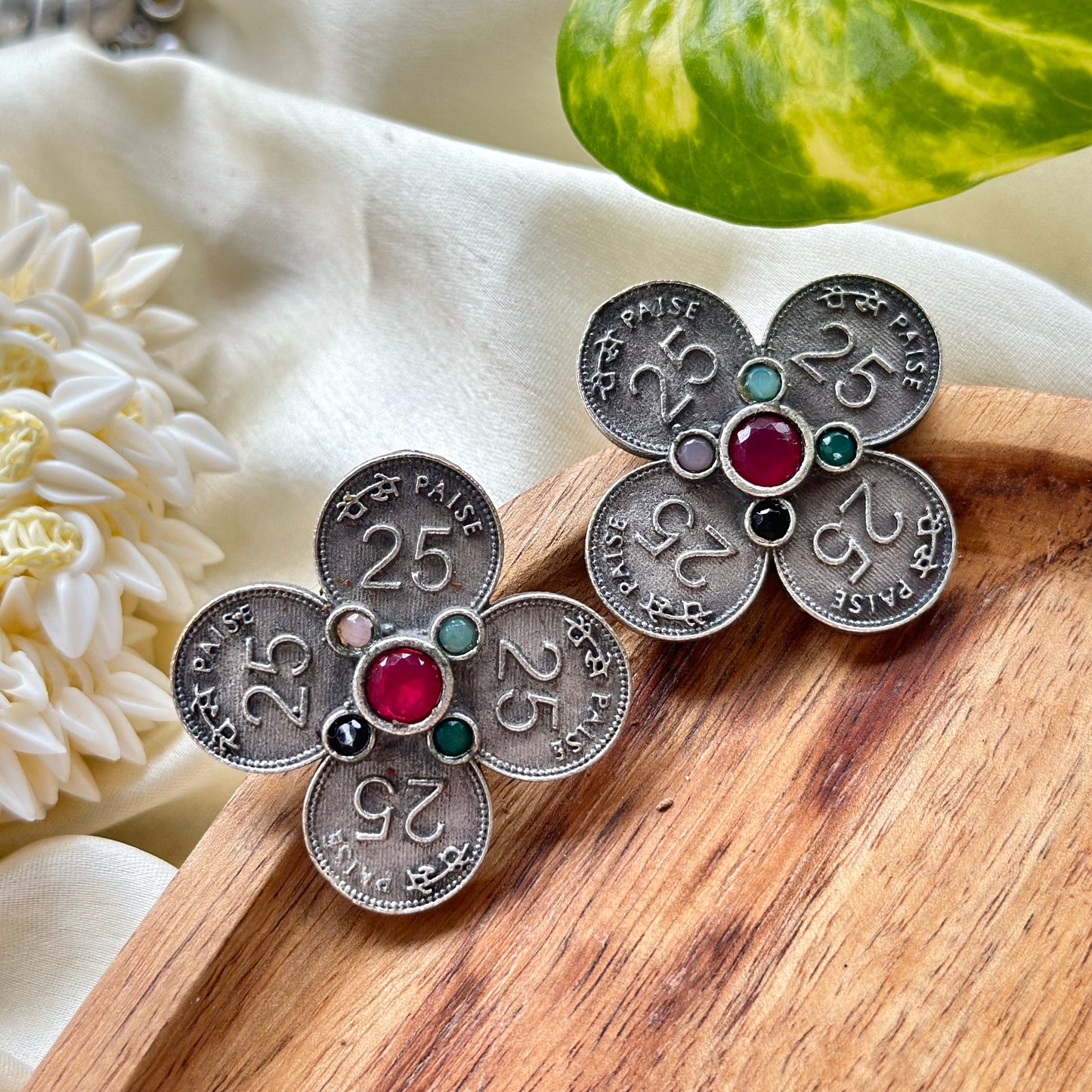 25 Paise Silver Studs With Colourful Stones - Bloom - By Sushmita