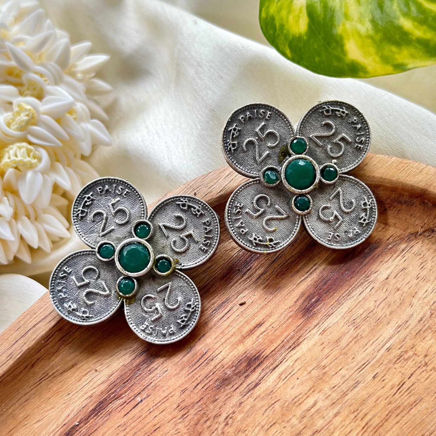 25 Paise Silver Studs With Colourful Stones - Bloom - By Sushmita