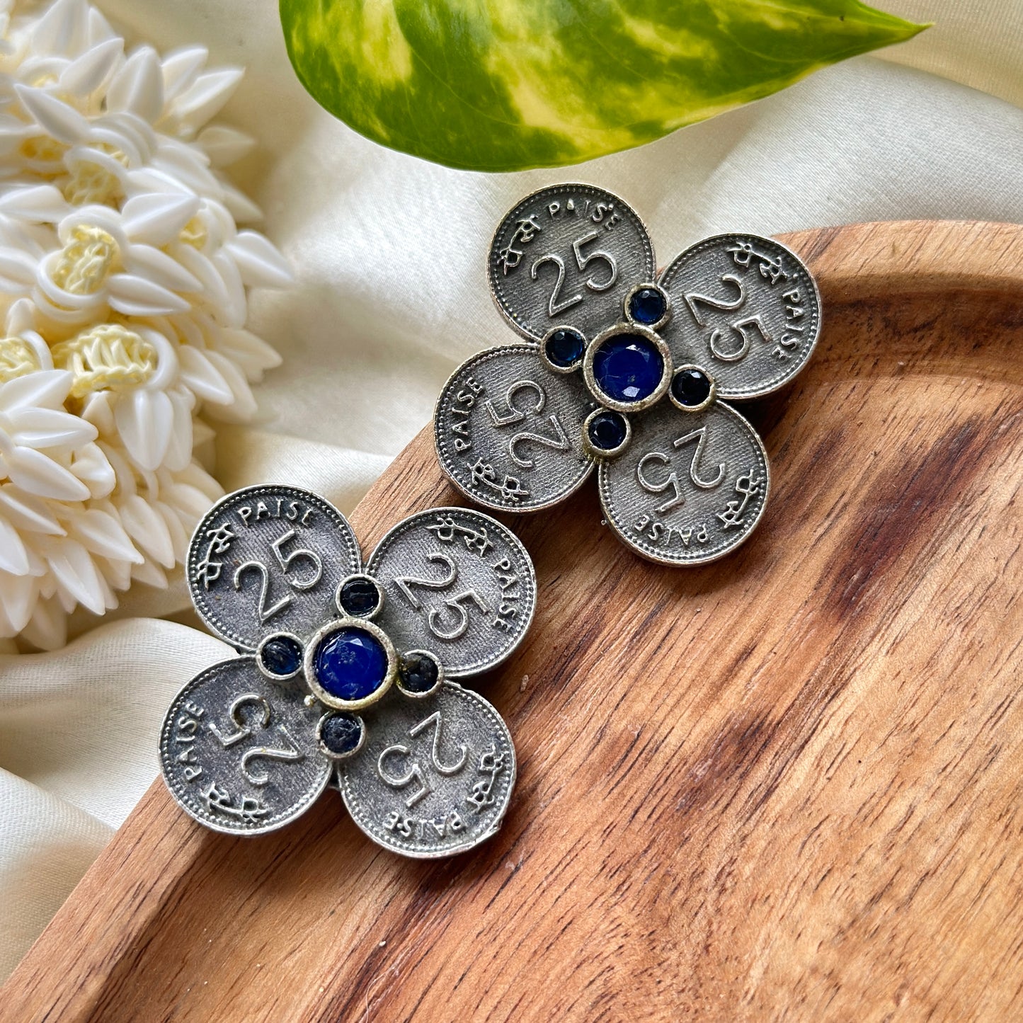 25 Paise Silver Studs With Colourful Stones - Bloom - By Sushmita