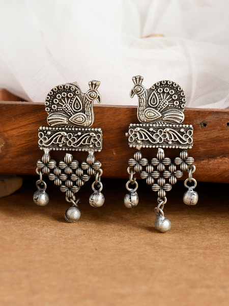 Tattva Silver Peacock Earrings With Ghungru - Bloom - By Sushmita