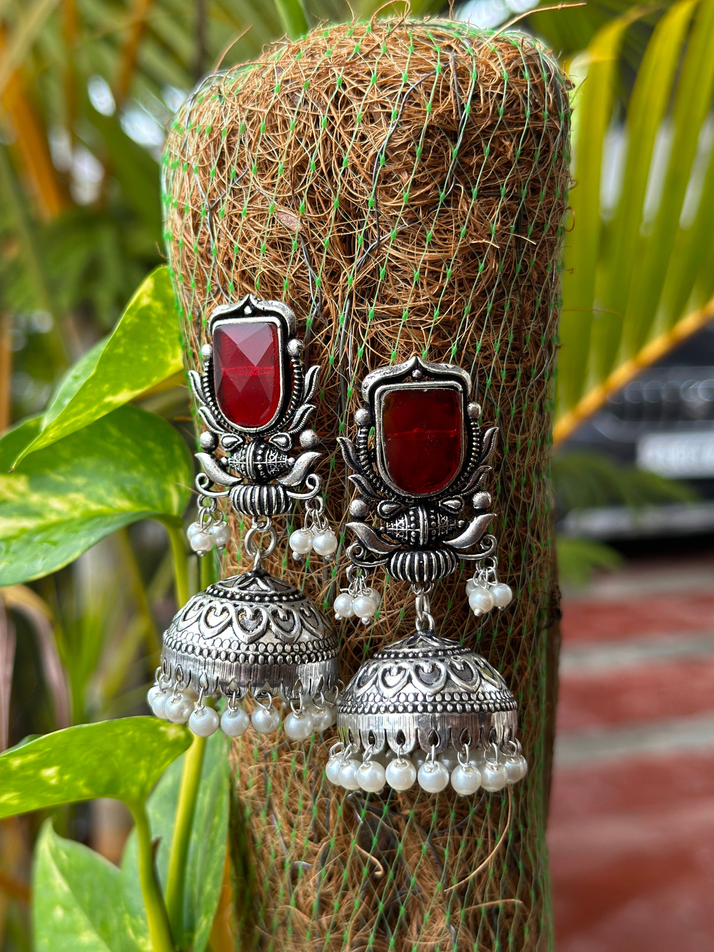 FIDA Red Stone Jhumka with White Pearls - Bloom - By Sushmita