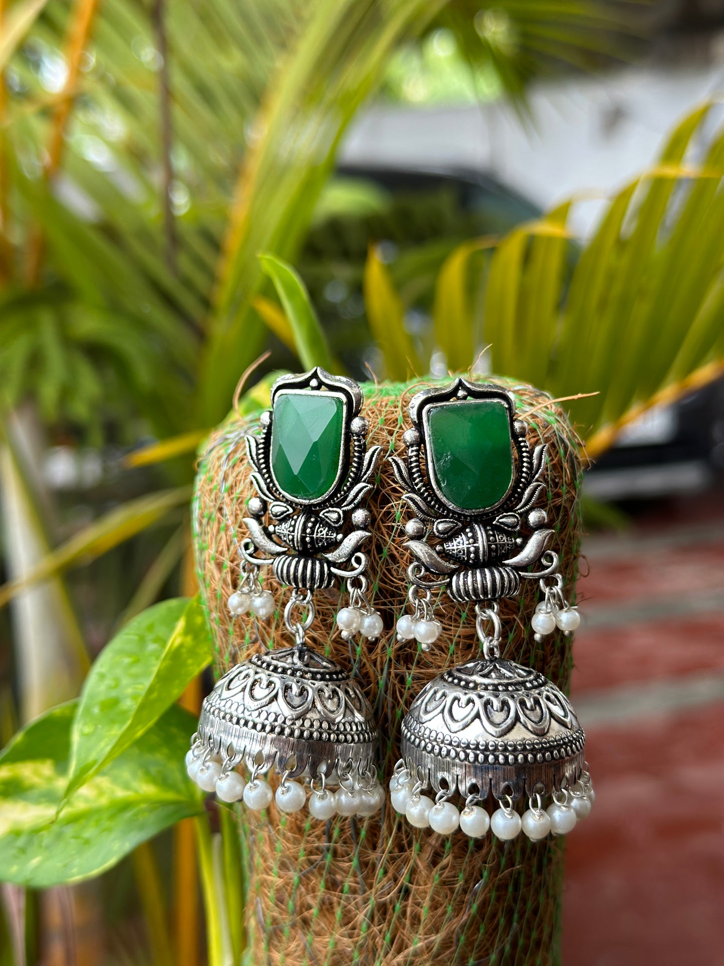 FIDA Green Stone Jhumka with White Pearls - Bloom - By Sushmita