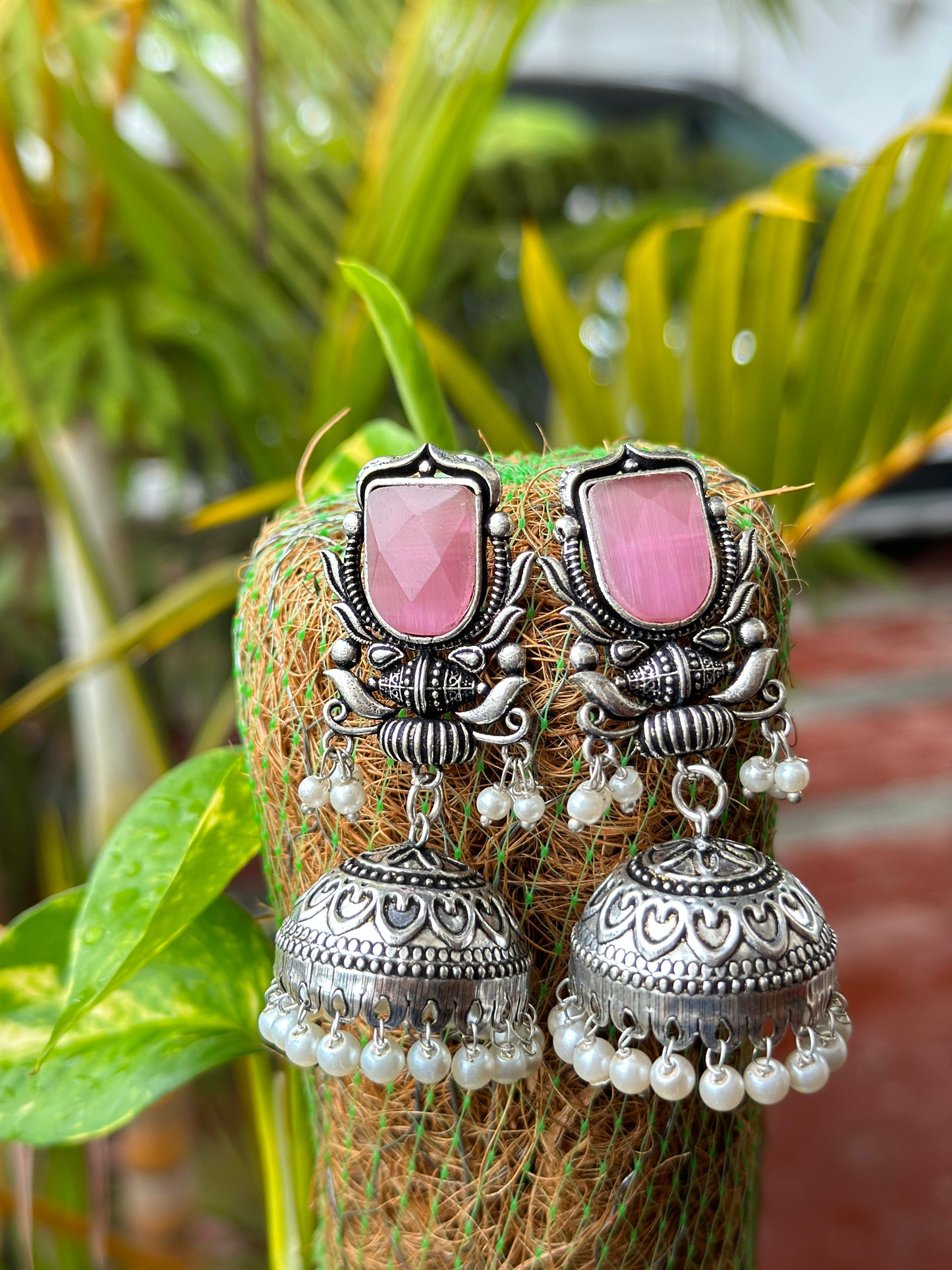 FIDA Peach Stone Jhumka with White Pearls - Bloom - By Sushmita