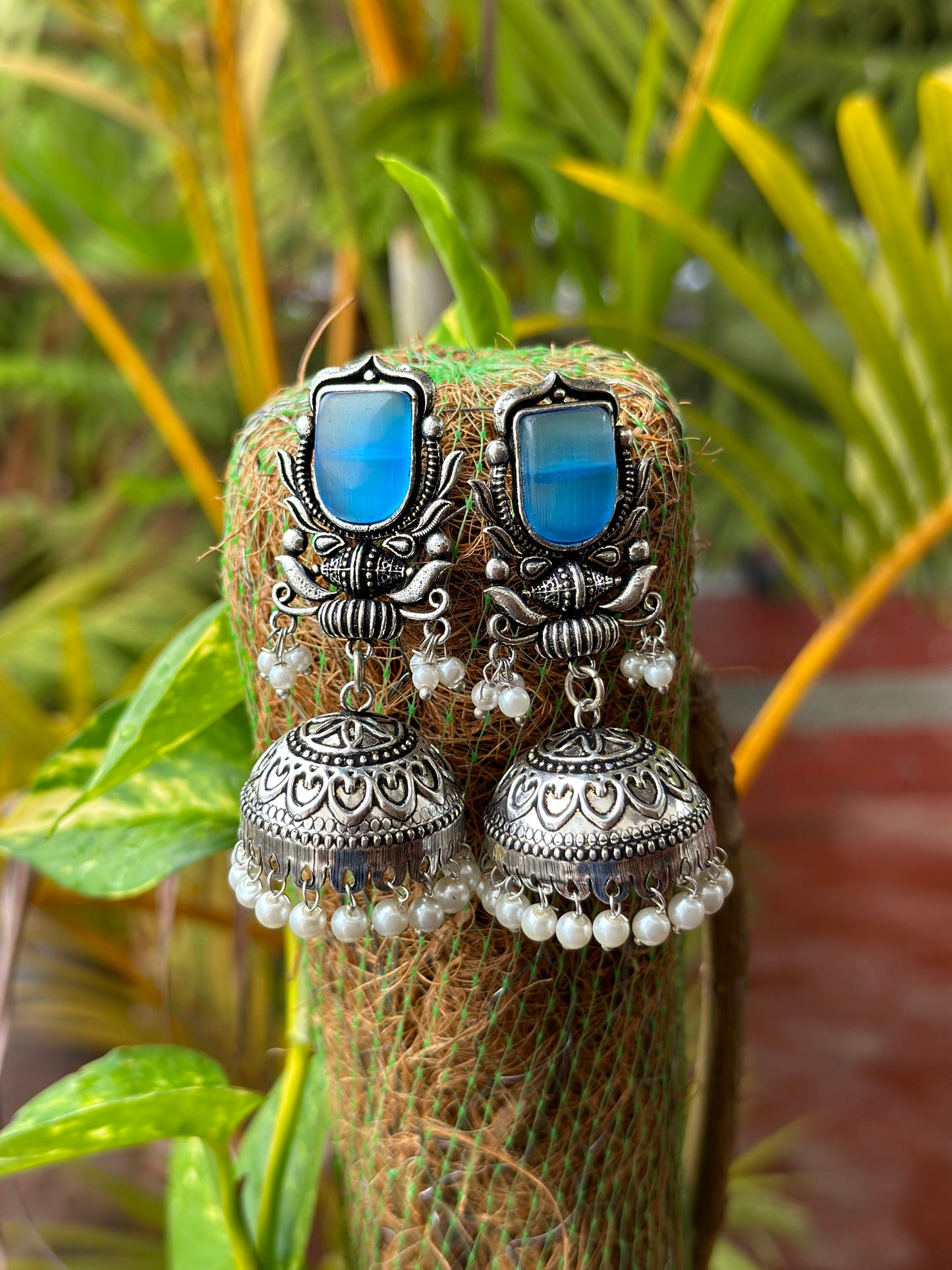 FIDA Light Blue Stone Jhumka with White Pearls - Bloom - By Sushmita