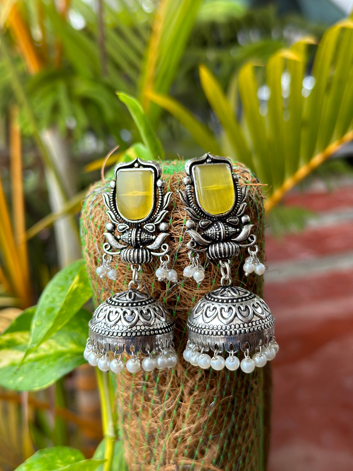 FIDA Mint Yellow Stone Jhumka with White Pearls - Bloom - By Sushmita