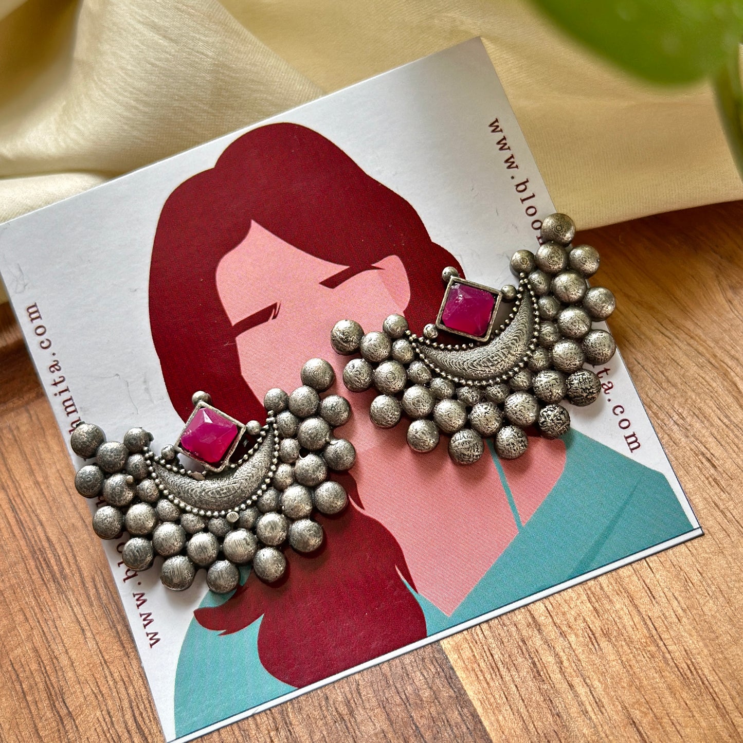 Antique silver lookalike stone Earrings - Bloom - By Sushmita