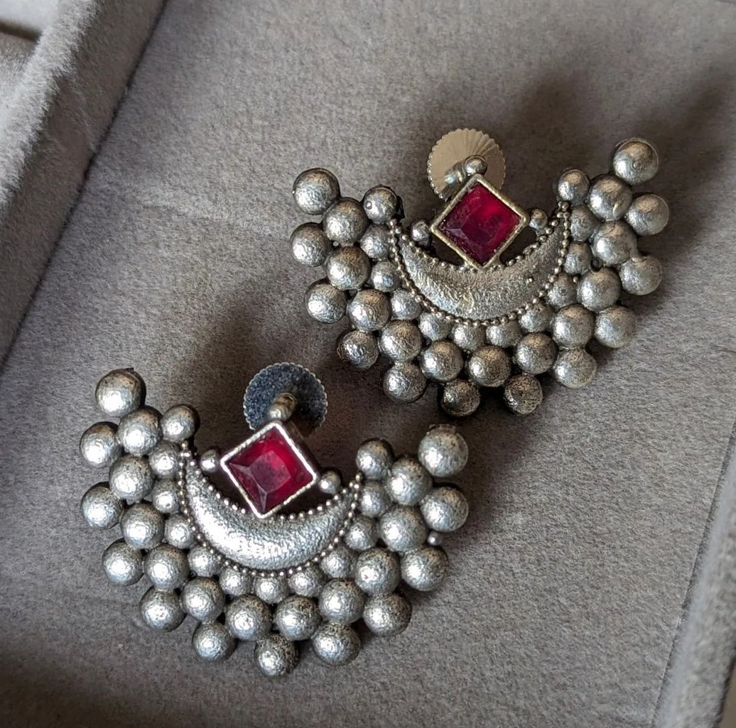 Antique silver lookalike stone Earrings - Bloom - By Sushmita