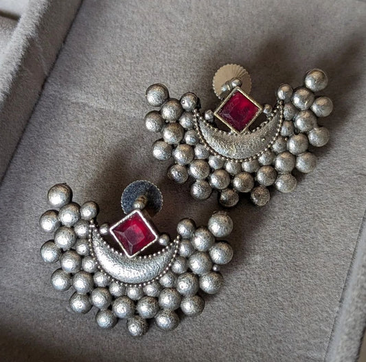 Antique silver lookalike stone Earrings - Bloom - By Sushmita