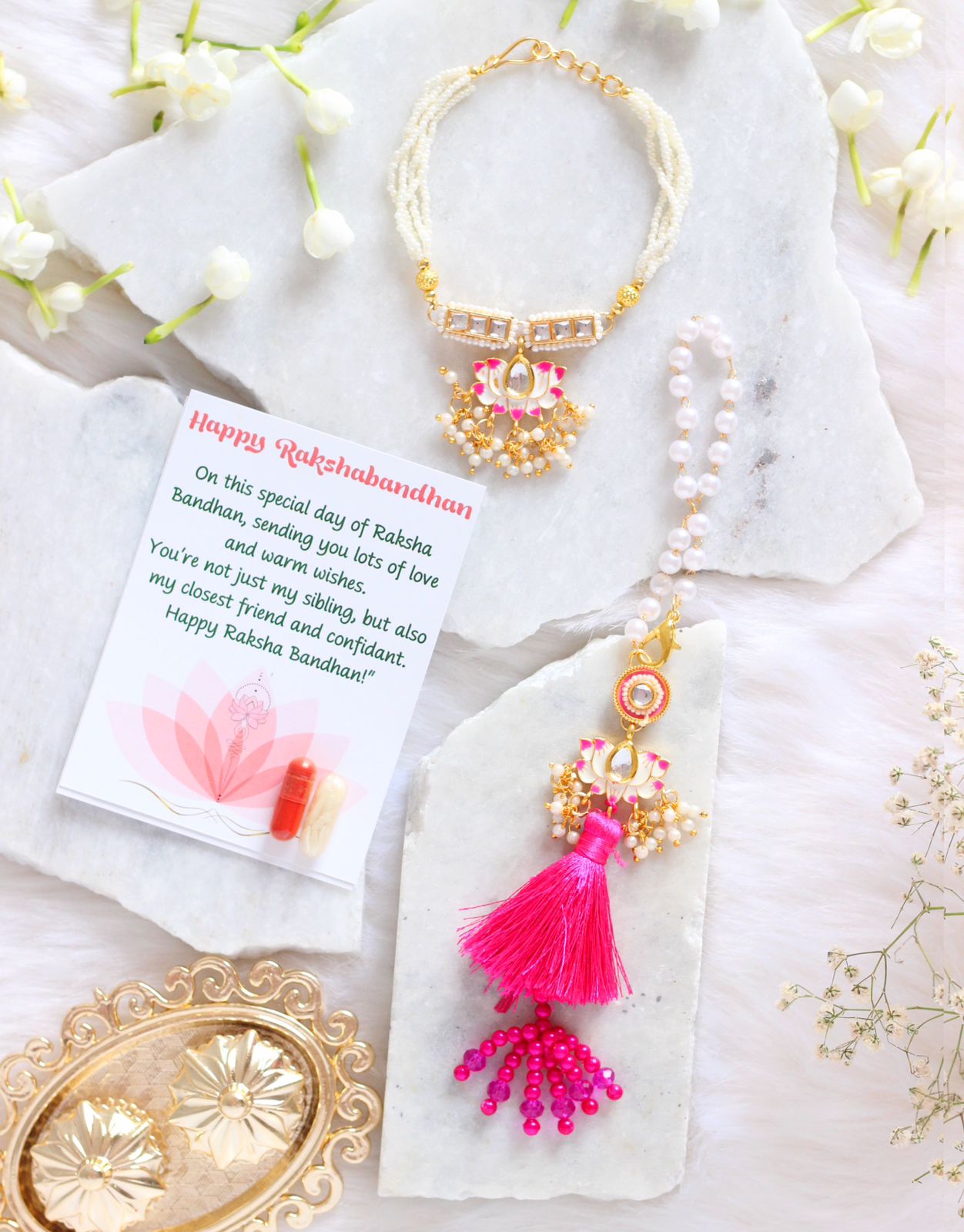 Designer Couple Rakhi Set For Bhaiya Bhabhi - Bloom - By Sushmita
