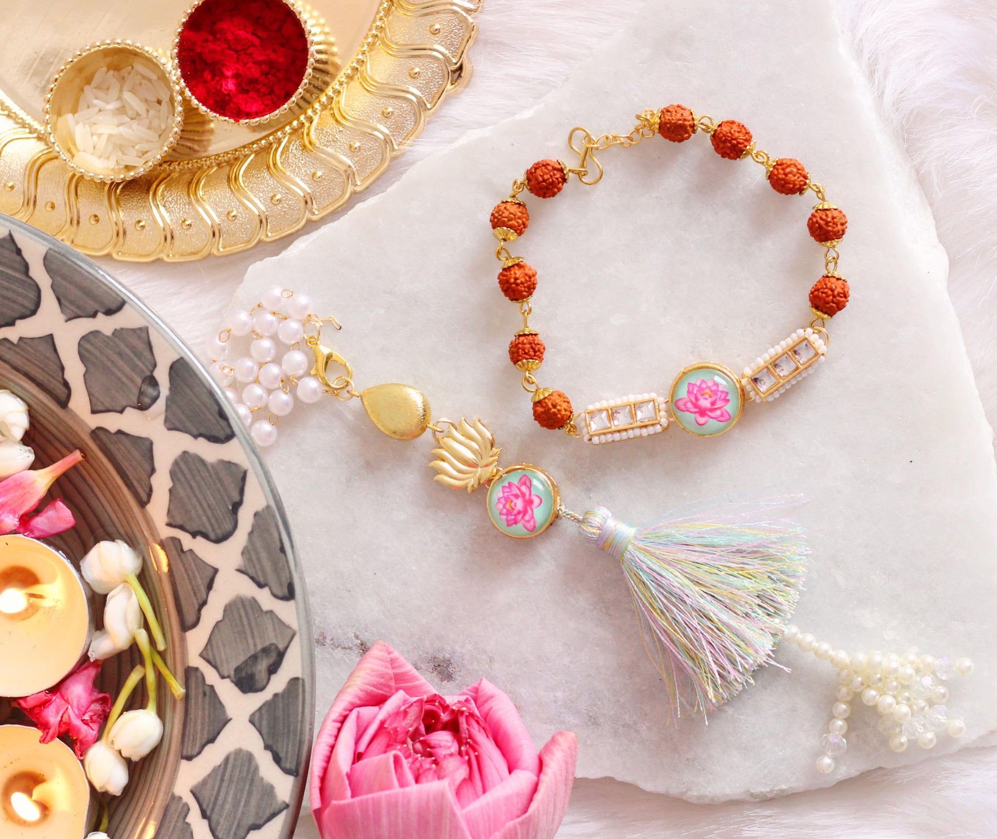 Designer Couple Rakhi Set For Bhaiya Bhabhi - Bloom - By Sushmita