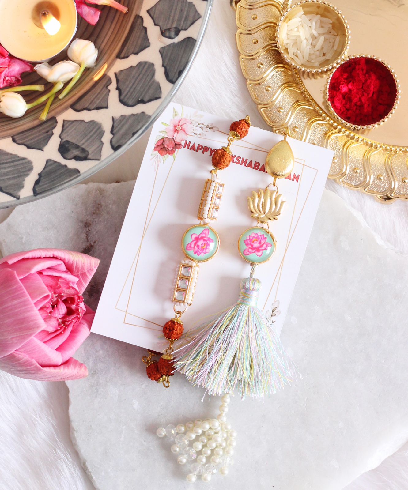 Designer Couple Rakhi Set For Bhaiya Bhabhi - Bloom - By Sushmita