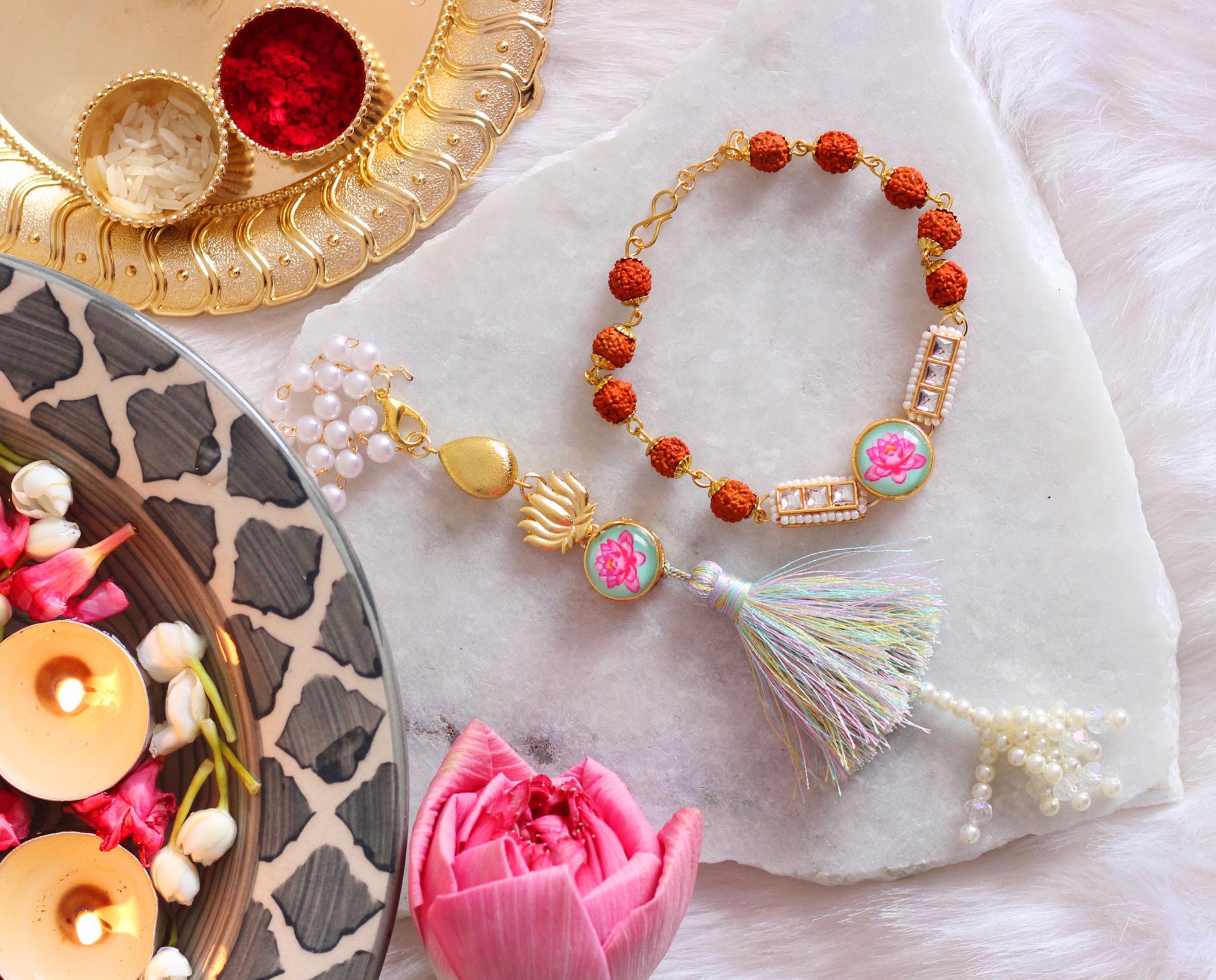 Designer Couple Rakhi Set For Bhaiya Bhabhi - Bloom - By Sushmita