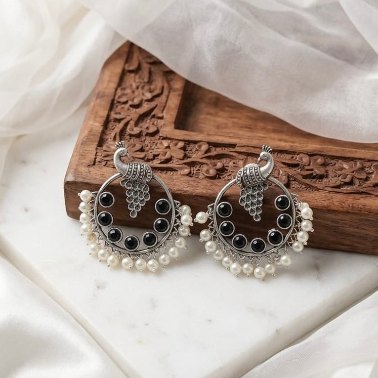 Peacock round stone Statement light-weighted Silver Earrings