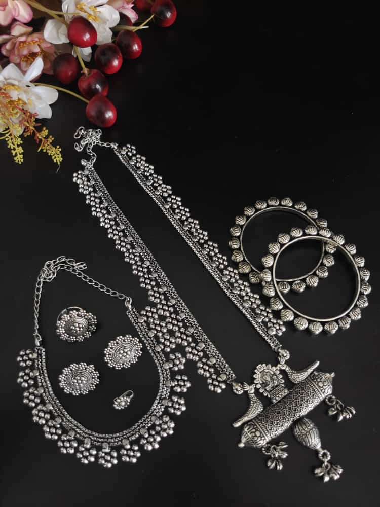 FLORAL SILVER OXIDISED 6-PIECE GIFT SET oxidised German silver Jewelry Sets saree kurta Bloom - By Sushmita India Navratri Diwali Ganpati holi Eid