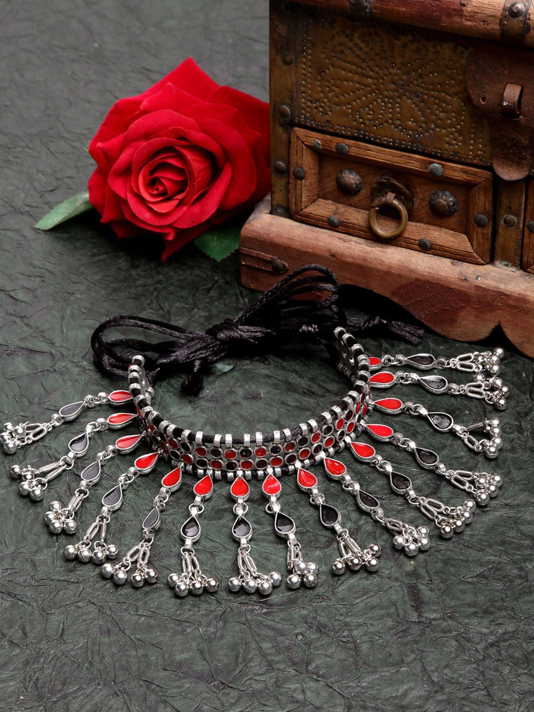 Silver-Toned & Red Brass Meenakari Necklace - Bloom - By Sushmita