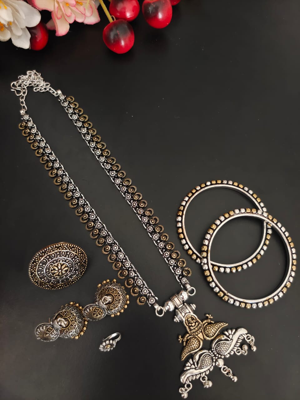 SHAHSHA 5-PIECE DUAL TONE GIFT SET oxidised German silver Jewelry Sets saree kurta Bloom - By Sushmita India Navratri Diwali Ganpati holi Eid