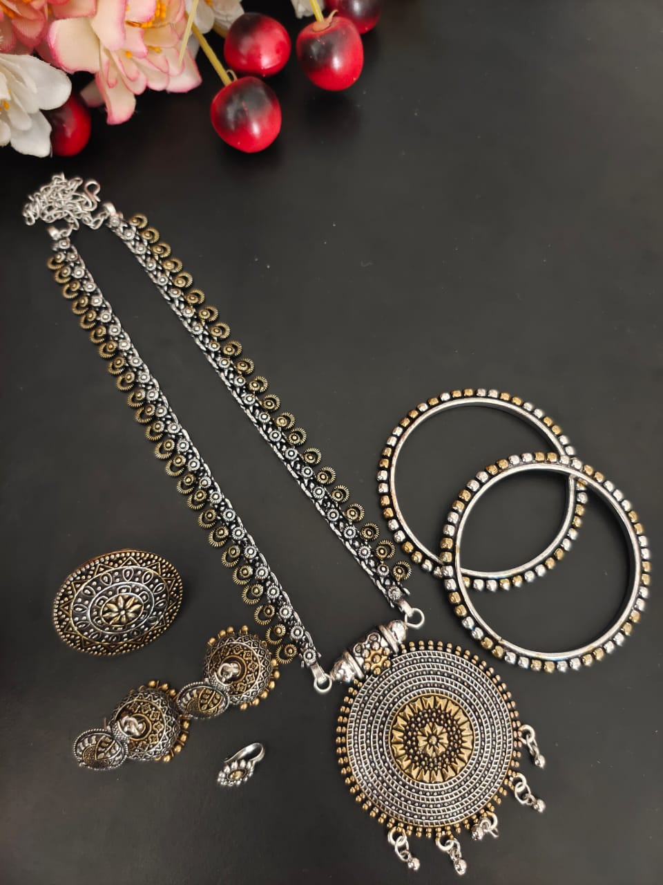 SHAHSHA 5-PIECE DUAL TONE GIFT SET oxidised German silver Jewelry Sets saree kurta Bloom - By Sushmita India Navratri Diwali Ganpati holi Eid