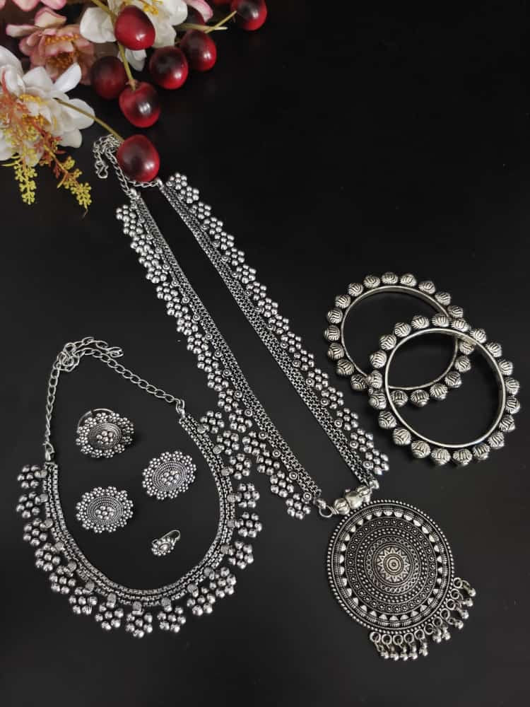 FLORAL SILVER OXIDISED 6-PIECE GIFT SET oxidised German silver Jewelry Sets saree kurta Bloom - By Sushmita India Navratri Diwali Ganpati holi Eid