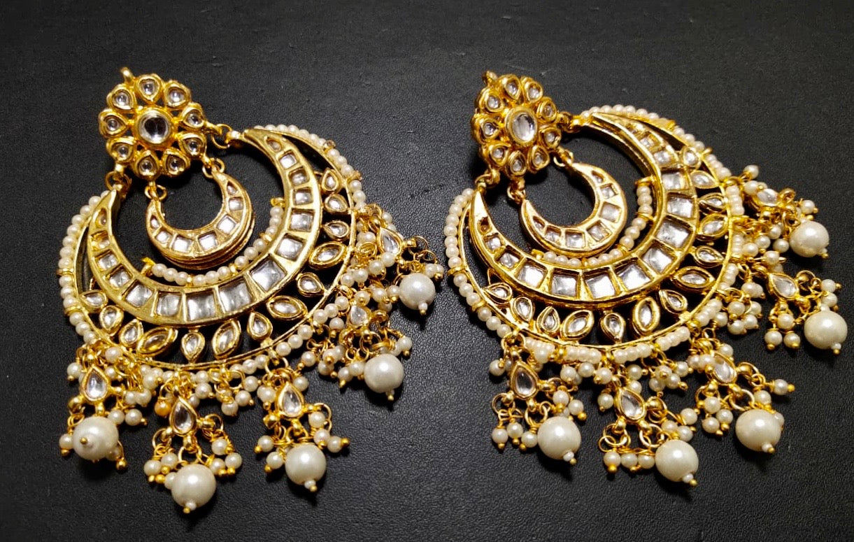 GOLD TONED PEARL AND KUNDAN STUDDED EARRINGS - Bloom - By Sushmita