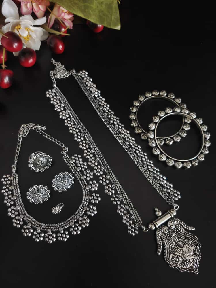 FLORAL SILVER OXIDISED 6-PIECE GIFT SET oxidised German silver Jewelry Sets saree kurta Bloom - By Sushmita India Navratri Diwali Ganpati holi Eid