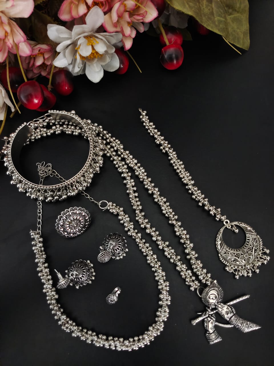 CHANDI 7-PIECE COMBO SET oxidised German silver Jewelry Sets saree kurta Bloom - By Sushmita India Navratri Diwali Ganpati holi Eid