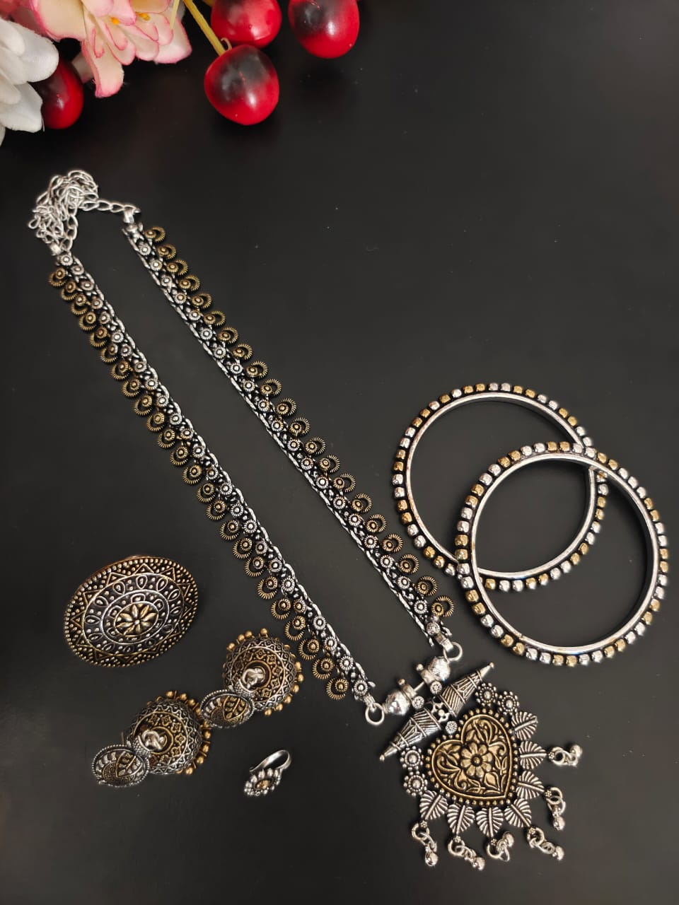 SHAHSHA 5-PIECE DUAL TONE GIFT SET oxidised German silver Jewelry Sets saree kurta Bloom - By Sushmita India Navratri Diwali Ganpati holi Eid