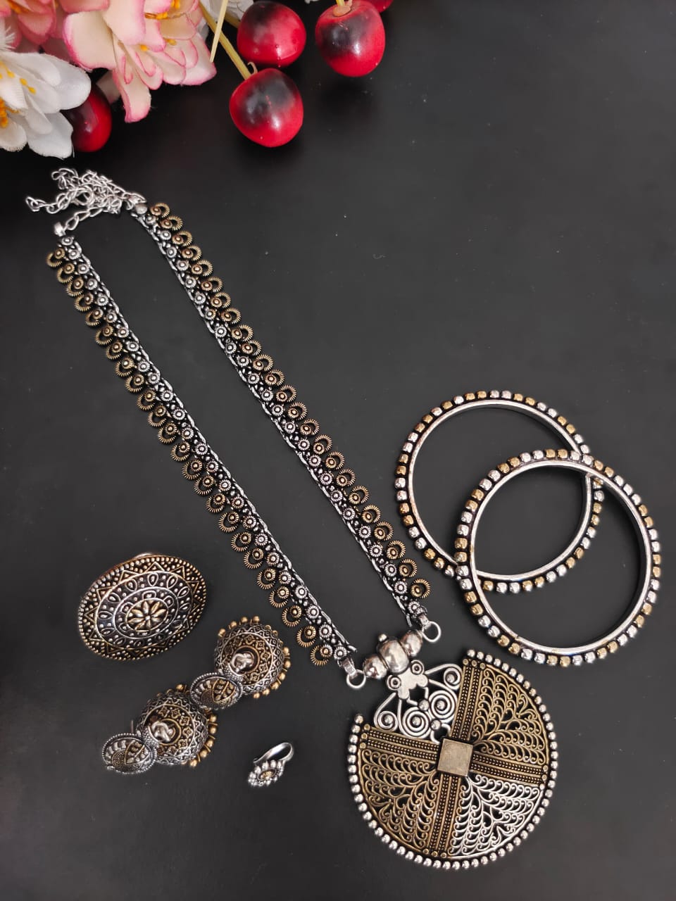 SHAHSHA 5-PIECE DUAL TONE GIFT SET oxidised German silver Jewelry Sets saree kurta Bloom - By Sushmita India Navratri Diwali Ganpati holi Eid