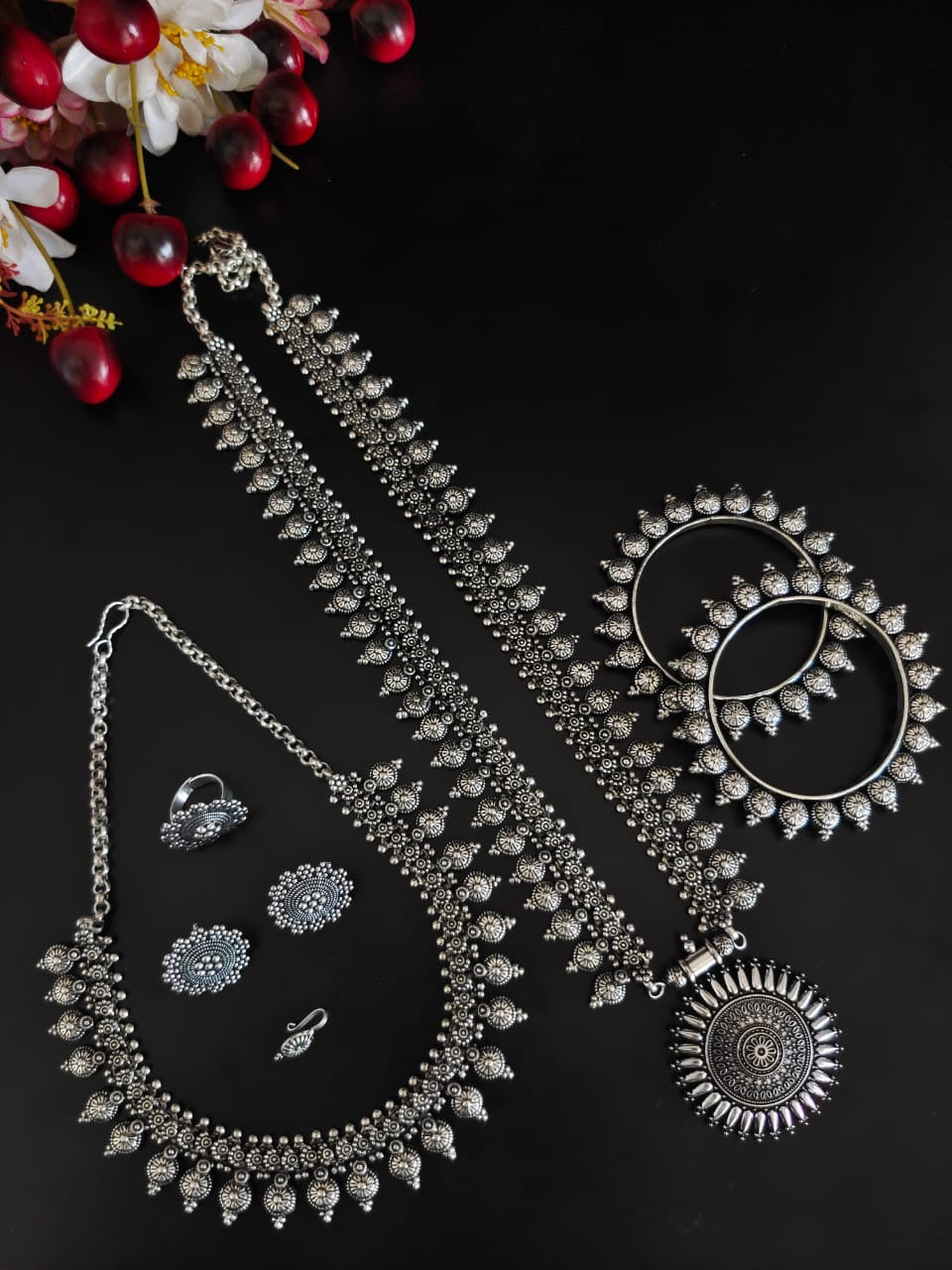 SURYA SILVER OXIDISED 6-PIECE GIFT SET oxidised German silver Jewelry Sets saree kurta Bloom - By Sushmita India Navratri Diwali Ganpati holi Eid