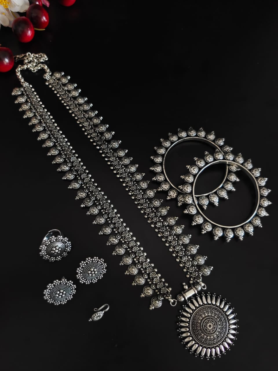 SURYA SILVER OXIDISED 5-PIECE GIFT SET oxidised German silver Jewelry Sets saree kurta Bloom - By Sushmita India Navratri Diwali Ganpati holi Eid