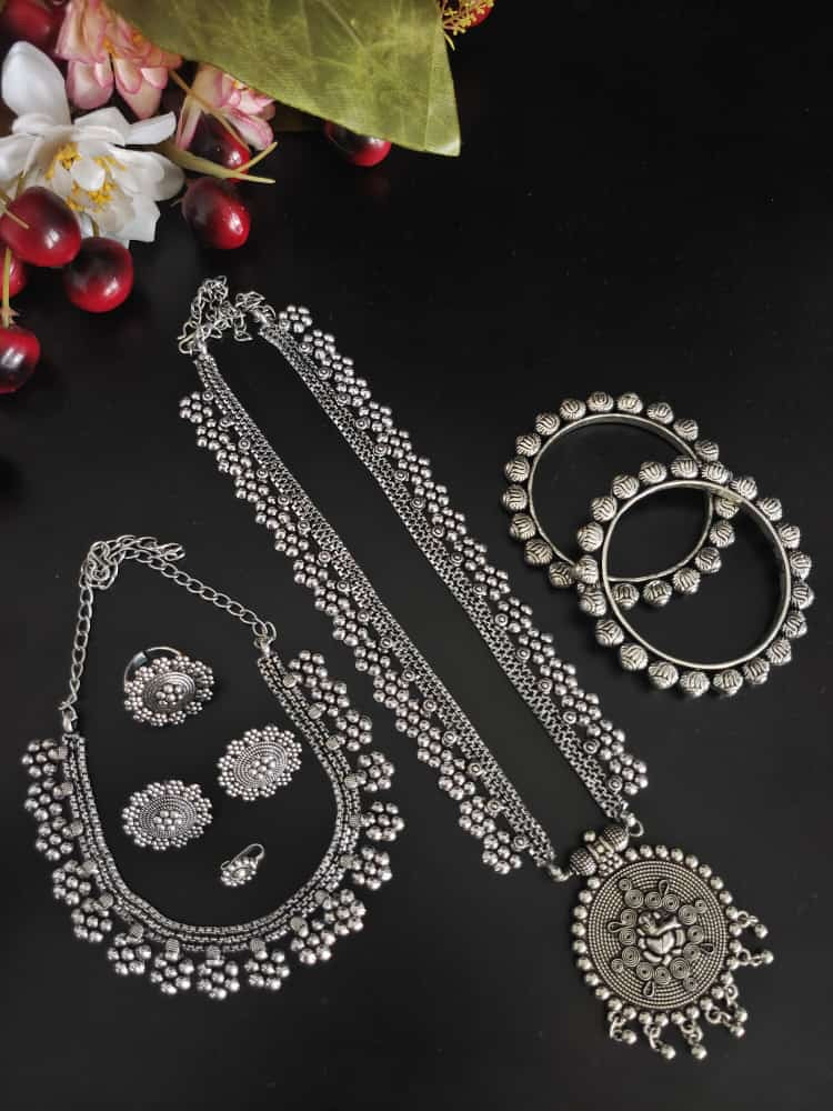 FLORAL SILVER OXIDISED 6-PIECE GIFT SET oxidised German silver Jewelry Sets saree kurta Bloom - By Sushmita India Navratri Diwali Ganpati holi Eid