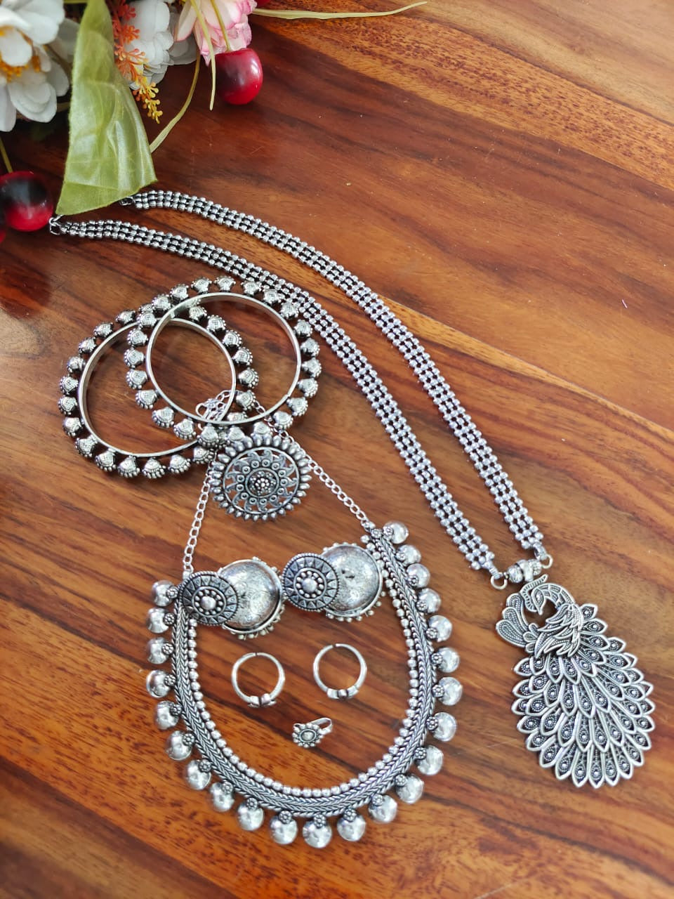 SHAYRI SILVER OXIDISED 7-PIECE GIFT SET oxidised German silver Jewelry Sets saree kurta Bloom - By Sushmita India Navratri Diwali Ganpati holi Eid