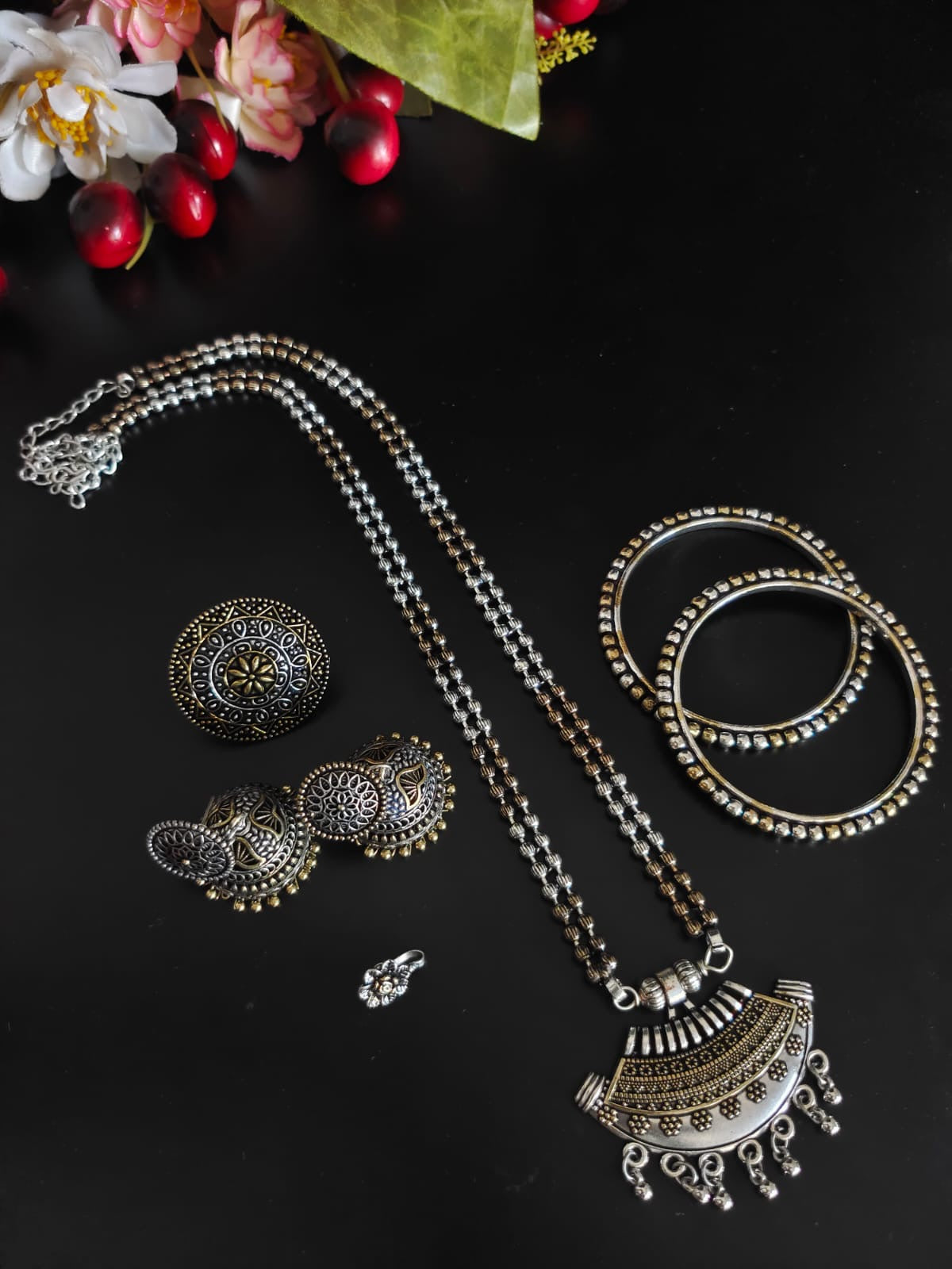 DUAL TONE OXIDISED 5-PIECE GIFT SET oxidised German silver Jewelry Sets saree kurta Bloom - By Sushmita India Navratri Diwali Ganpati holi Eid