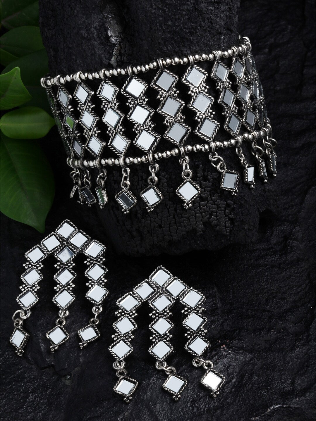 Oxidised Silver-Plated Mirror Jewellery Set - Bloom - By Sushmita