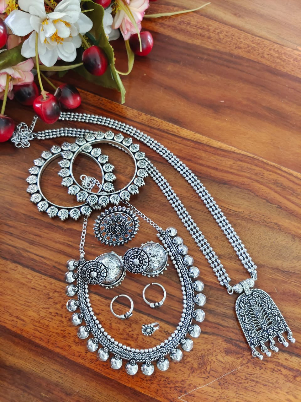 SHAYRI SILVER OXIDISED 7-PIECE GIFT SET oxidised German silver Jewelry Sets saree kurta Bloom - By Sushmita India Navratri Diwali Ganpati holi Eid