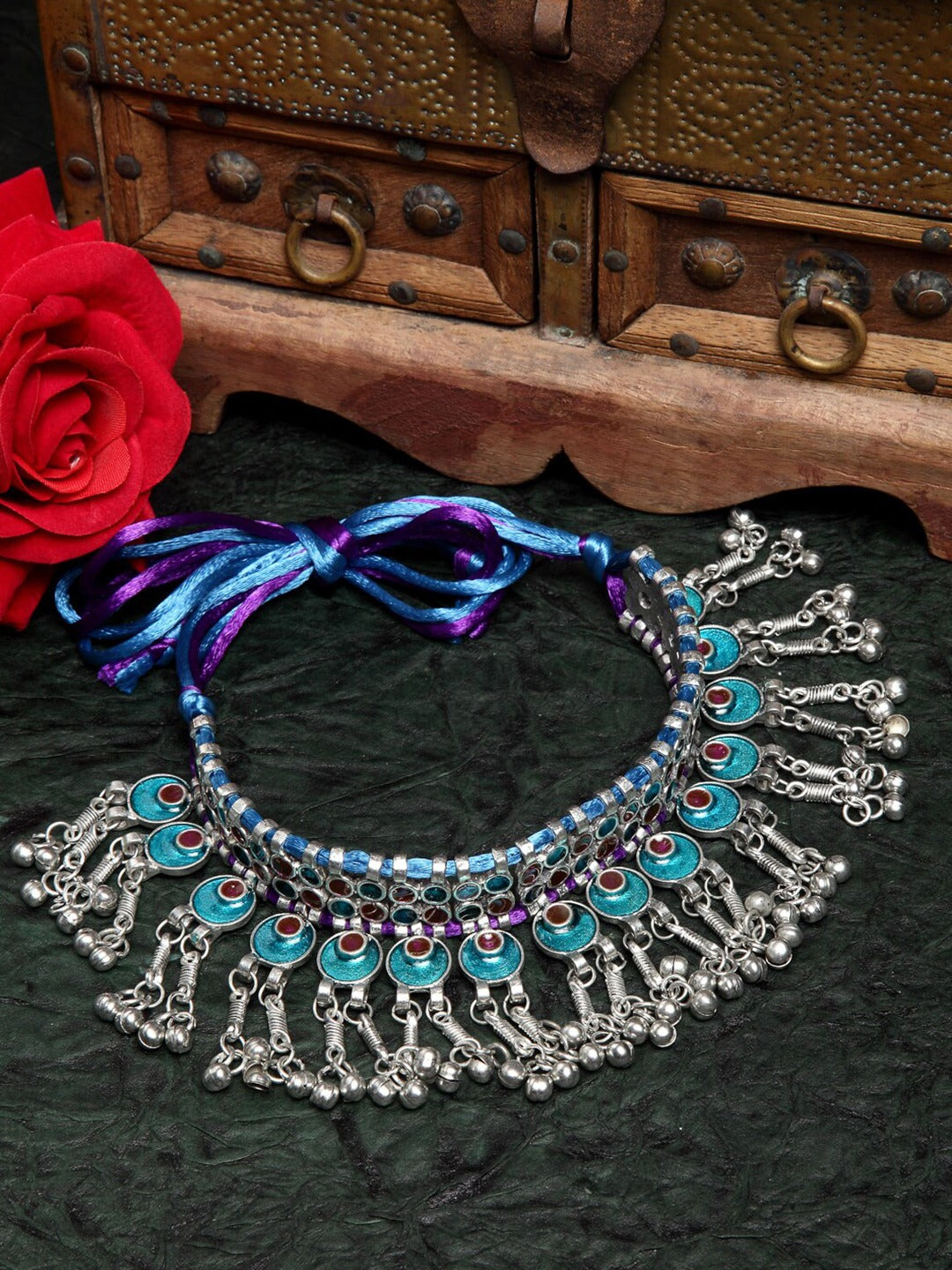Turquoise Blue Brass Meenakari Necklace - Bloom - By Sushmita