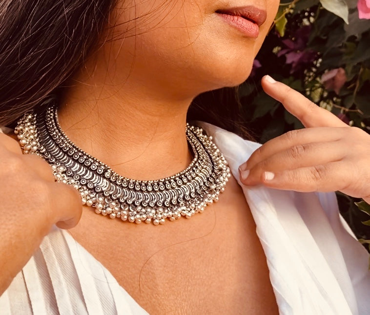Jhaanjhar Silver Oxidised Choker - Bloom - By Sushmita