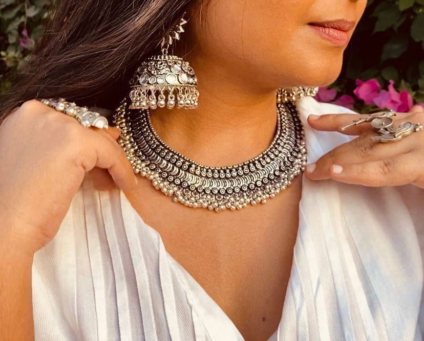 Jhaanjhar Silver Oxidised Choker - Bloom - By Sushmita